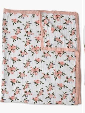 Little Unicorn Pink Floral Cotton Muslin Kids Quilted Throw in Watercolor Roses